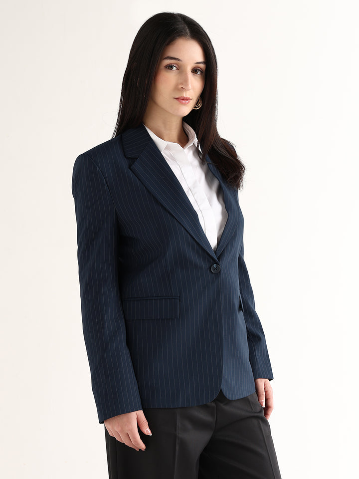 Hancock   Women   Navy Blue   Stripes   Polyviscose   Slim Fit   Formal   Blazer