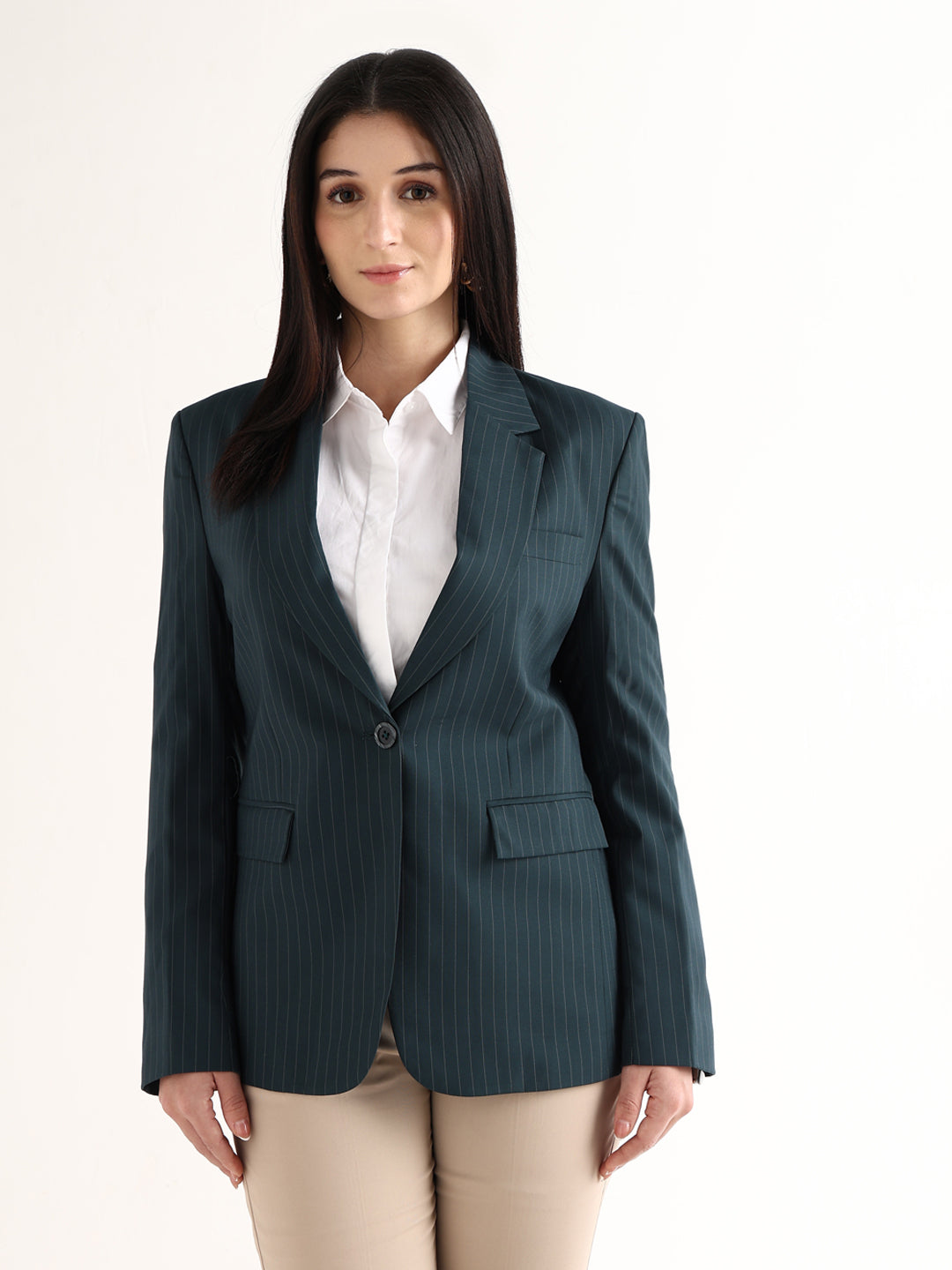 Hancock   Women   Turquoise Blue   Stripes   Polyviscose   Slim Fit   Formal   Blazer