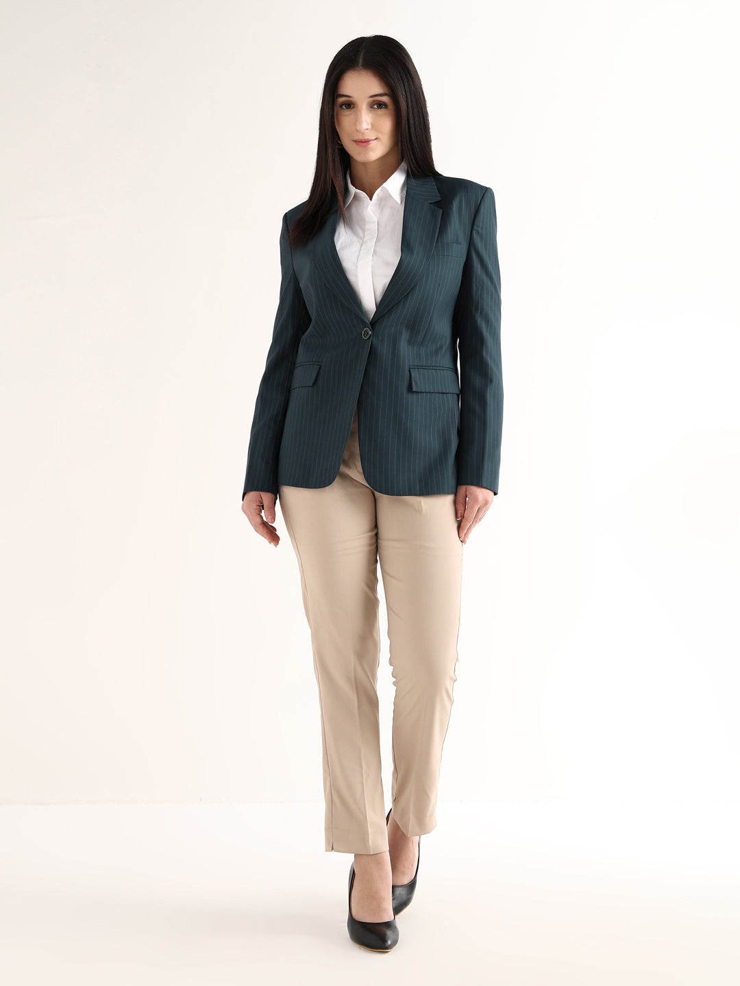 Hancock   Women   Turquoise Blue   Stripes   Polyviscose   Slim Fit   Formal   Blazer