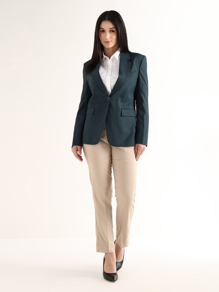 Hancock   Women   Turquoise Blue   Stripes   Polyviscose   Slim Fit   Formal   Blazer