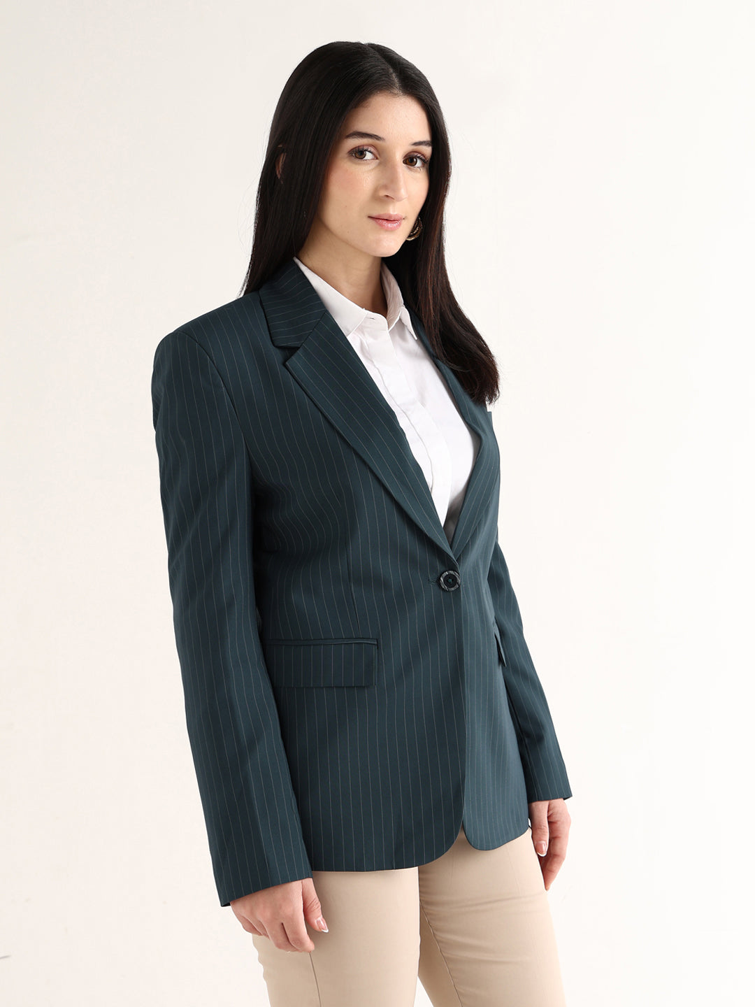 Hancock   Women   Turquoise Blue   Stripes   Polyviscose   Slim Fit   Formal   Blazer