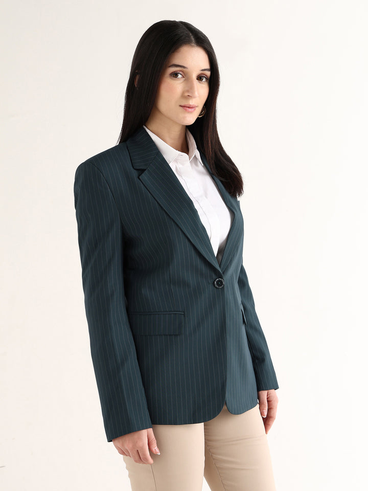 Hancock   Women   Turquoise Blue   Stripes   Polyviscose   Slim Fit   Formal   Blazer