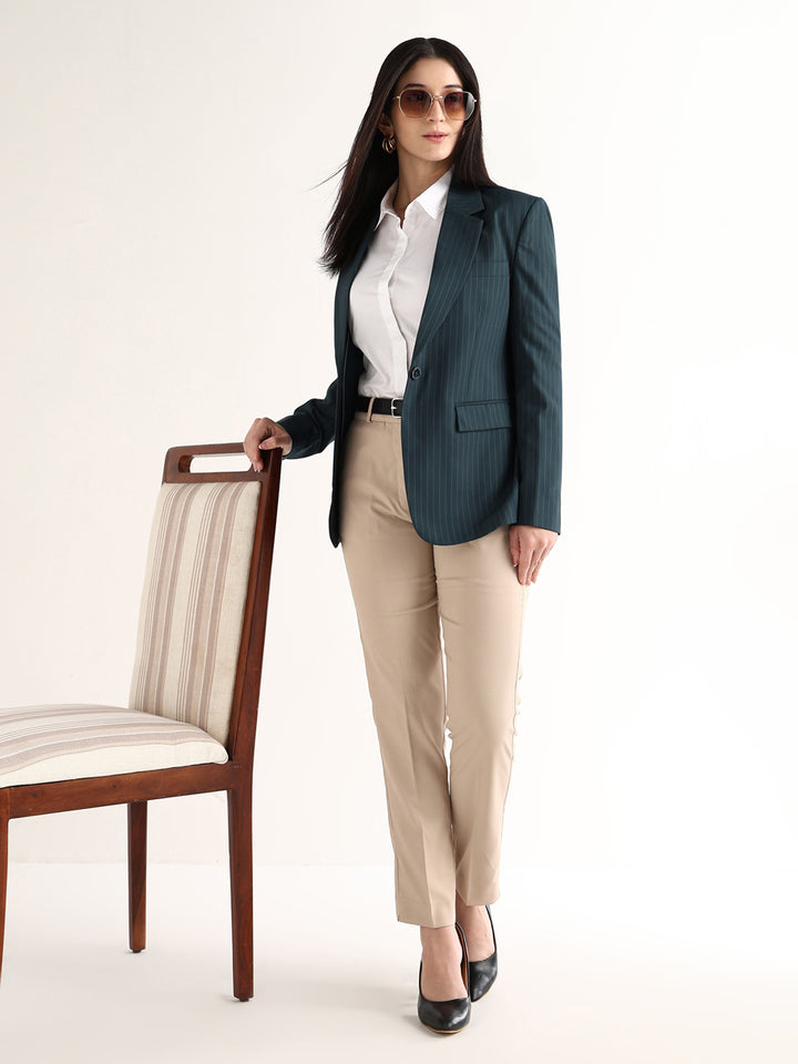 Hancock   Women   Turquoise Blue   Stripes   Polyviscose   Slim Fit   Formal   Blazer