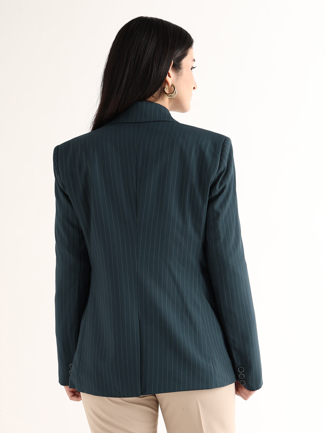 Hancock   Women   Turquoise Blue   Stripes   Polyviscose   Slim Fit   Formal   Blazer