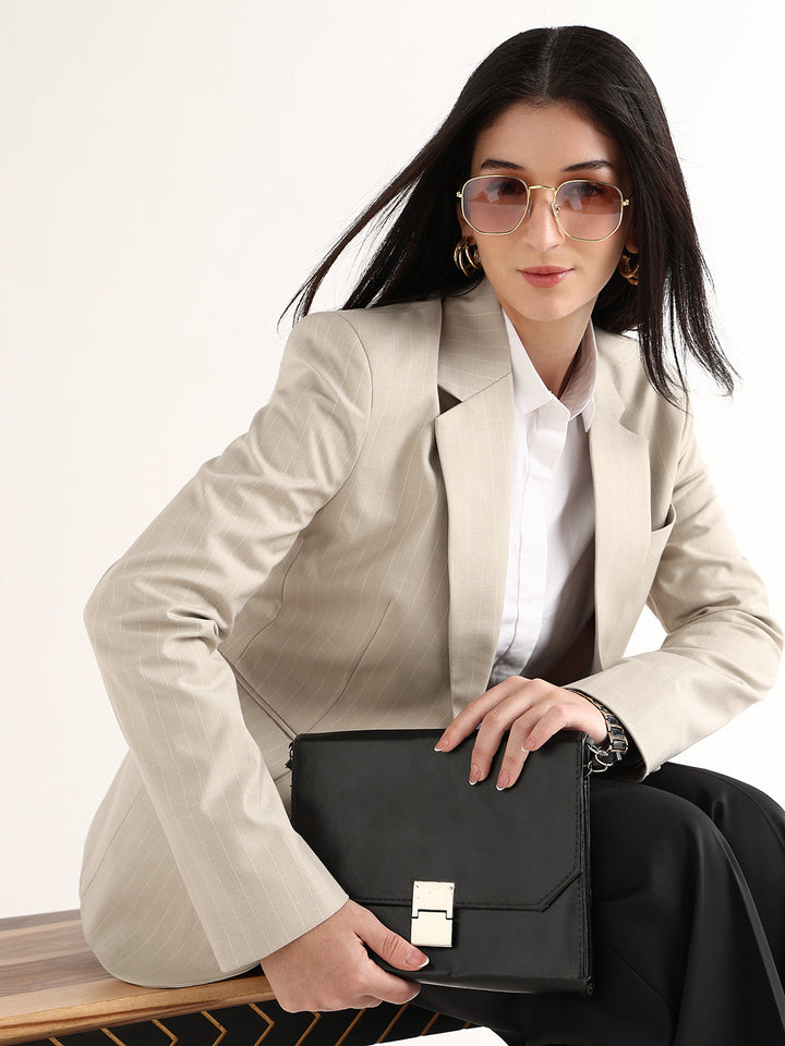Hancock   Women   Beige   Stripes   Polyviscose   Slim Fit   Formal   Blazer