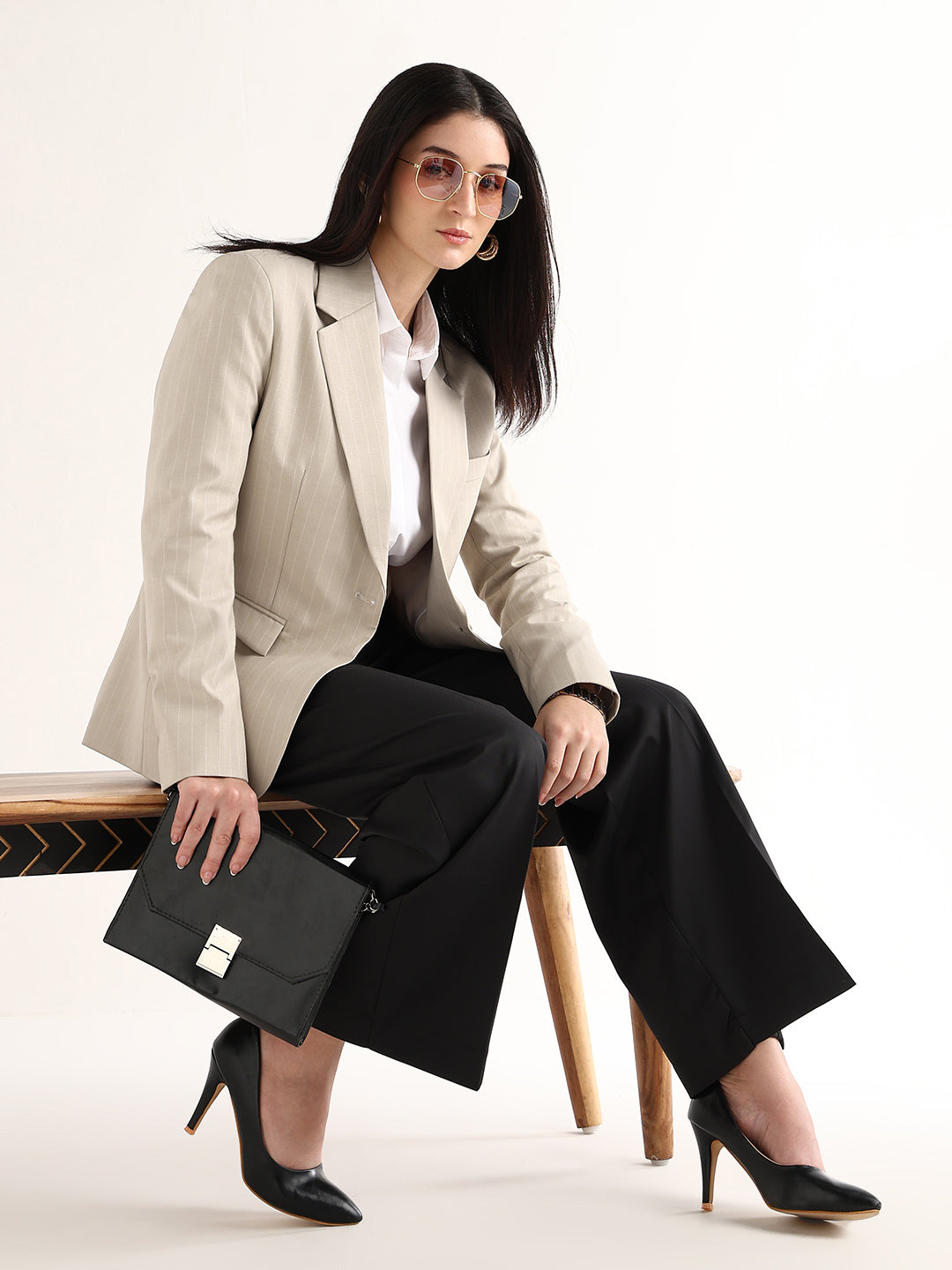 Hancock   Women   Beige   Stripes   Polyviscose   Slim Fit   Formal   Blazer