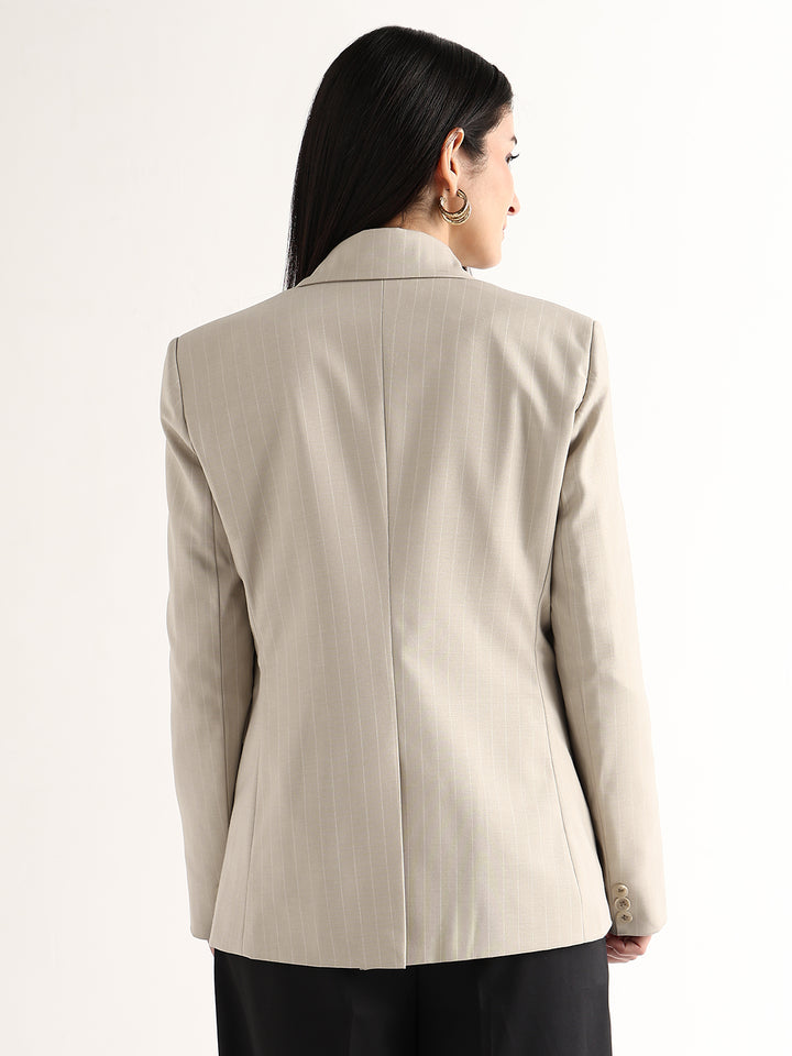Hancock   Women   Beige   Stripes   Polyviscose   Slim Fit   Formal   Blazer