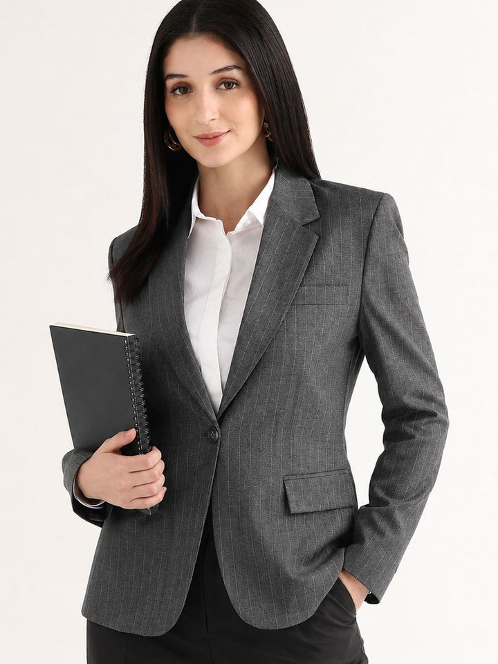 Hancock   Women   Grey   Stripes   Polyviscose   Slim Fit   Formal   Blazer