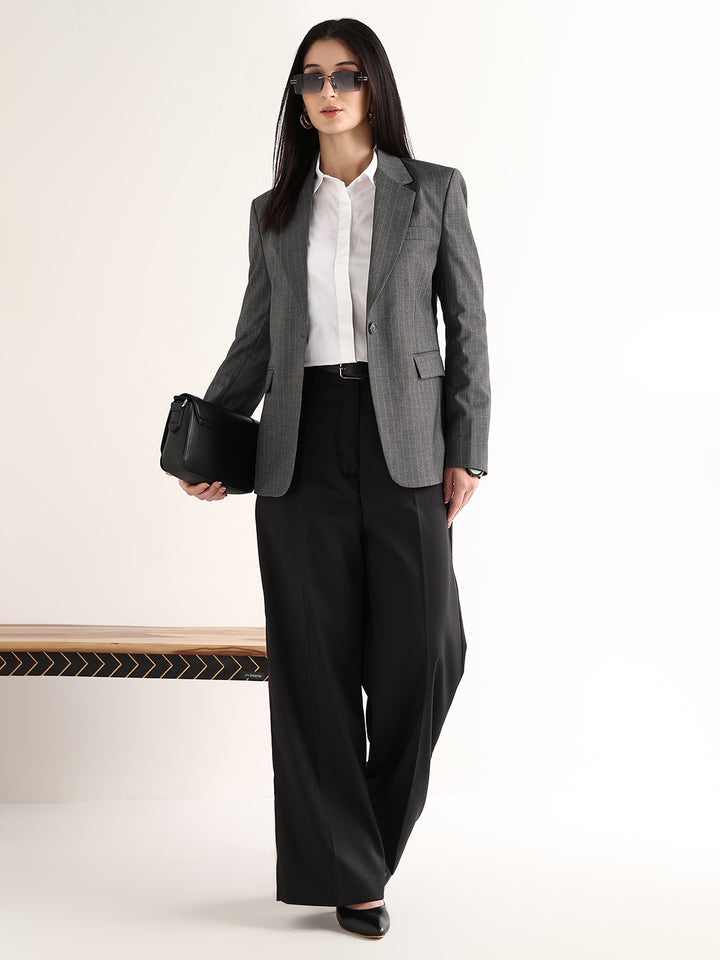 Hancock   Women   Grey   Stripes   Polyviscose   Slim Fit   Formal   Blazer