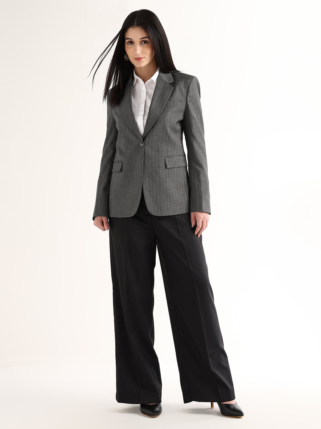 Hancock   Women   Grey   Stripes   Polyviscose   Slim Fit   Formal   Blazer