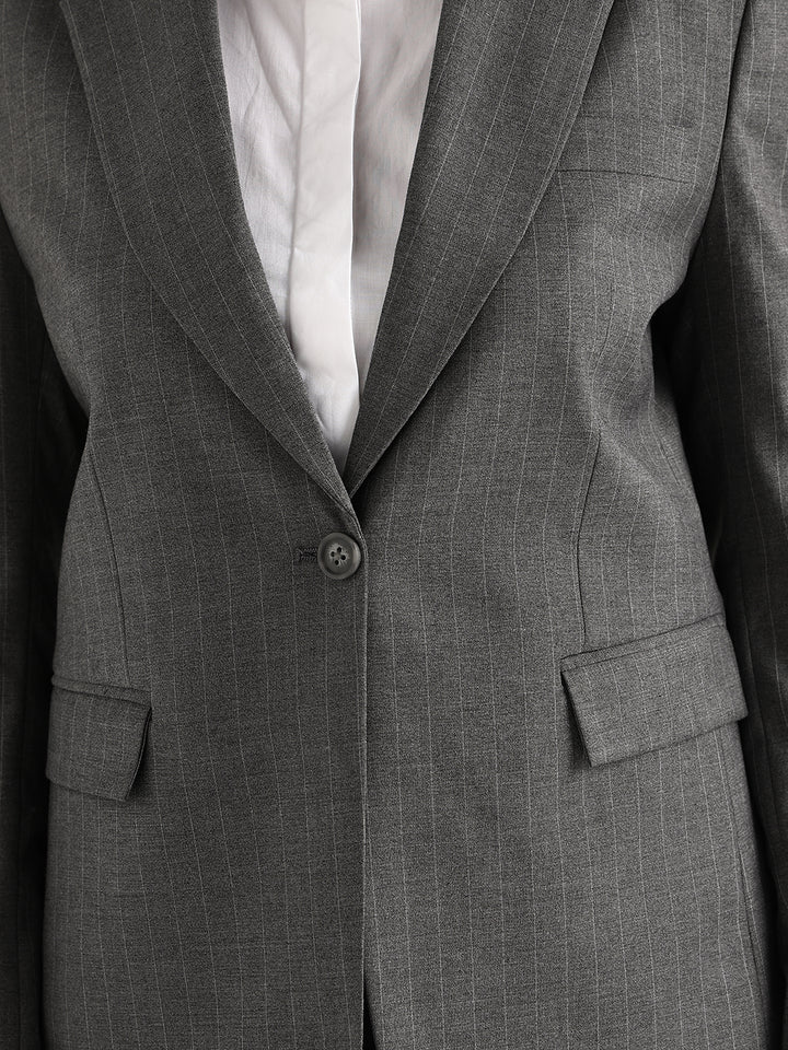 Hancock   Women   Grey   Stripes   Polyviscose   Slim Fit   Formal   Blazer