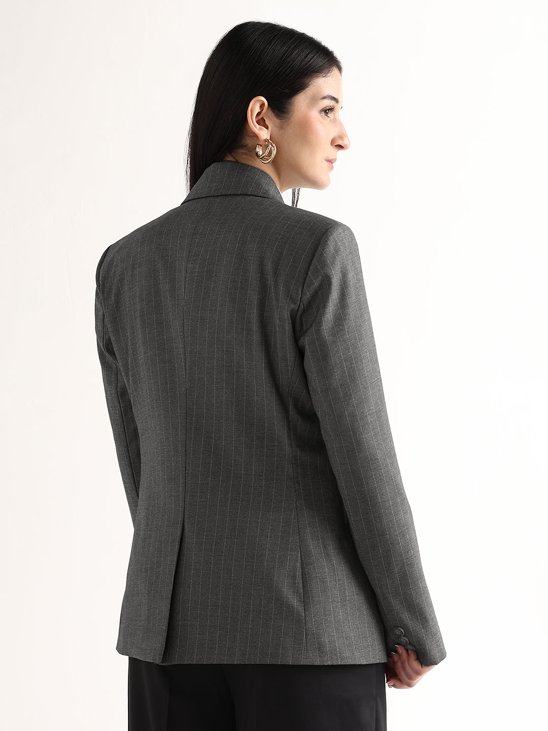 Hancock   Women   Grey   Stripes   Polyviscose   Slim Fit   Formal   Blazer