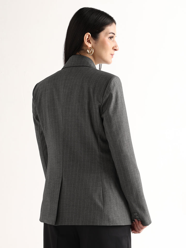 Hancock   Women   Grey   Stripes   Polyviscose   Slim Fit   Formal   Blazer