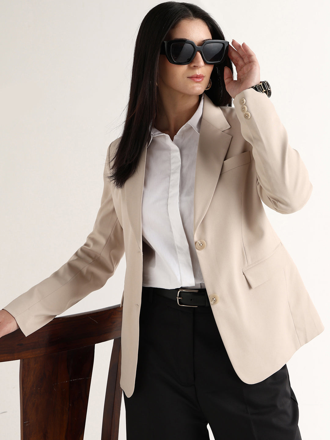 Hancock Women Beige Solid Viscose Rayon Slim Fit Formal Blazer