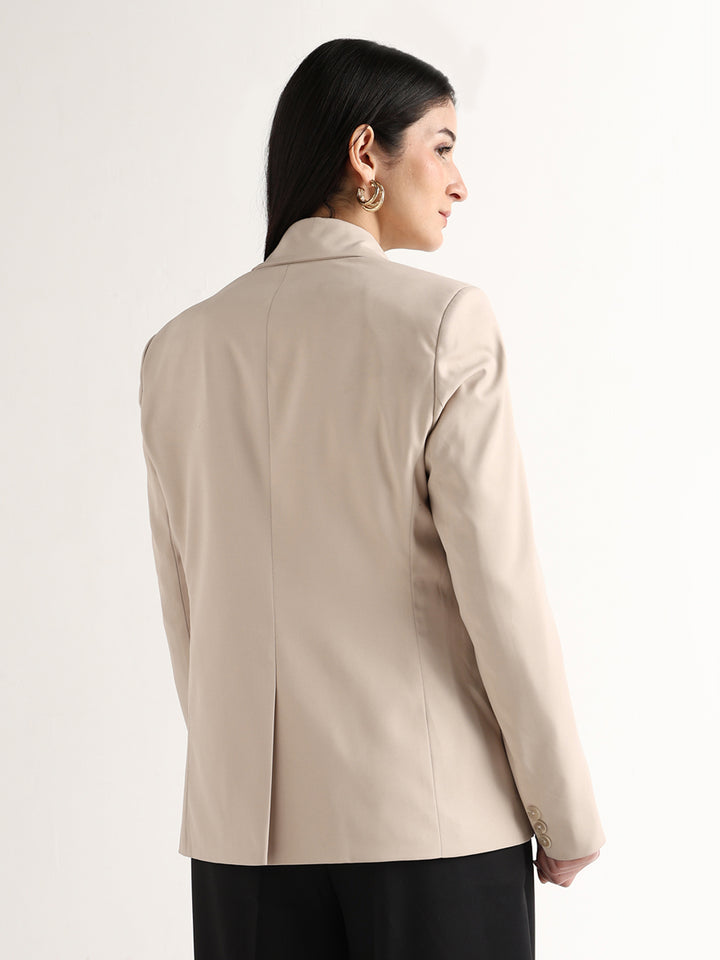 Hancock Women Beige Solid Viscose Rayon Slim Fit Formal Blazer
