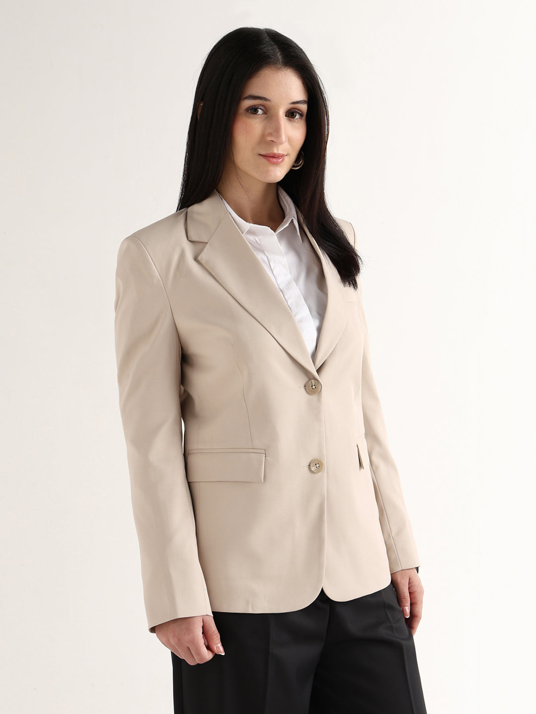 Hancock Women Beige Solid Viscose Rayon Slim Fit Formal Blazer