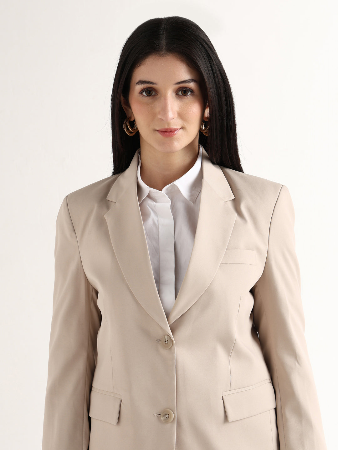 Hancock Women Beige Solid Viscose Rayon Slim Fit Formal Blazer