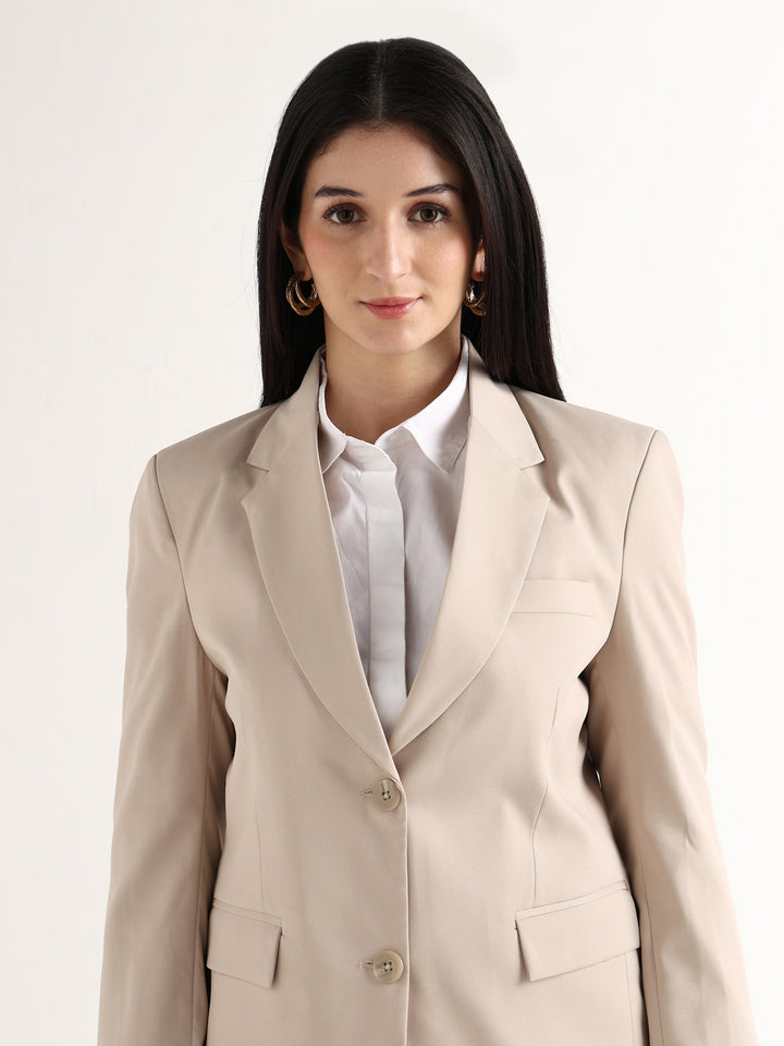 Hancock Women Beige Solid Viscose Rayon Slim Fit Formal Blazer