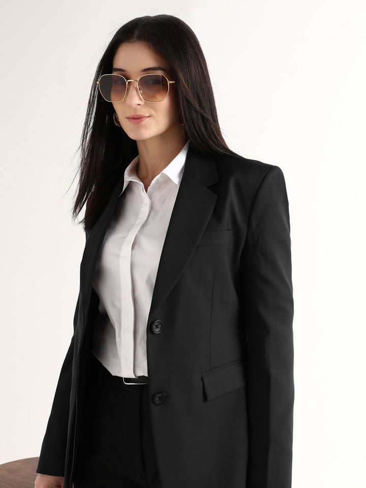 Hancock Women Black Solid Viscose Rayon Slim Fit Formal Blazer