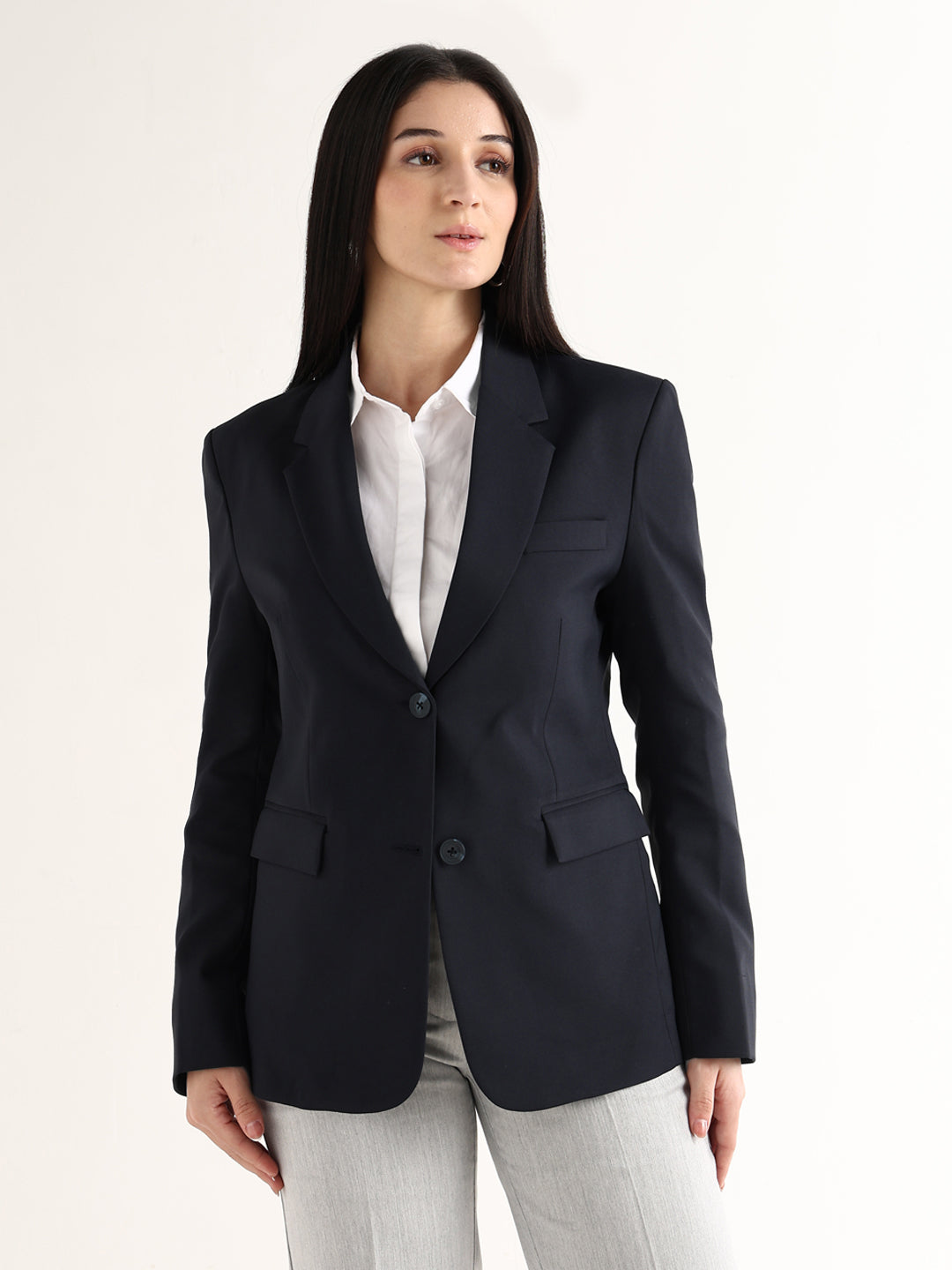 Hancock Women Navy Blue Solid Viscose Rayon Slim Fit Formal Blazer