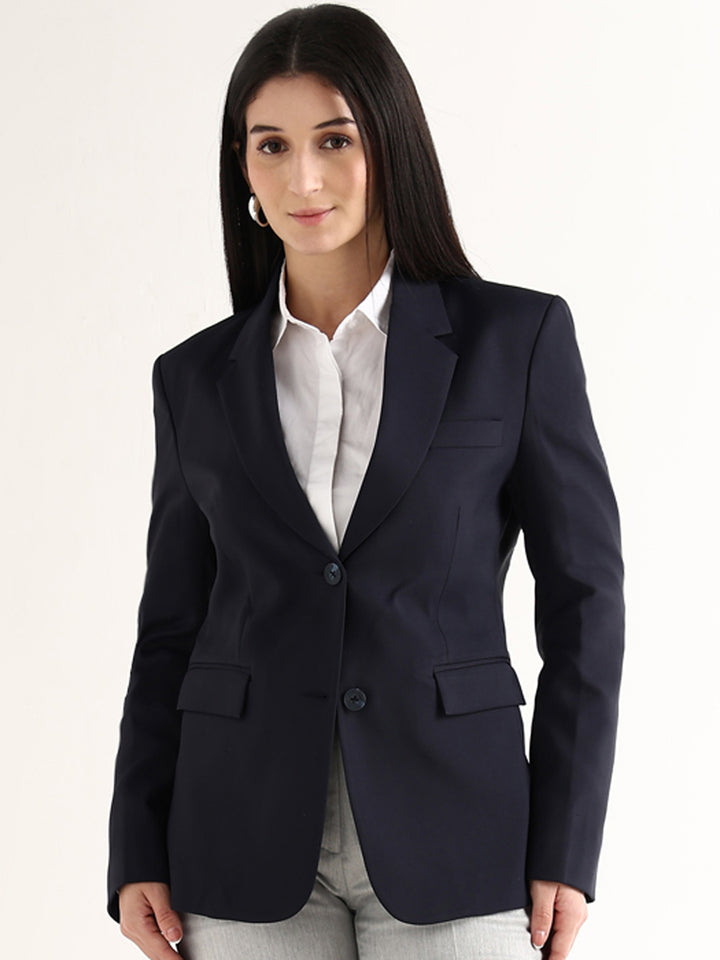 Hancock Women Navy Blue Solid Viscose Rayon Slim Fit Formal Blazer