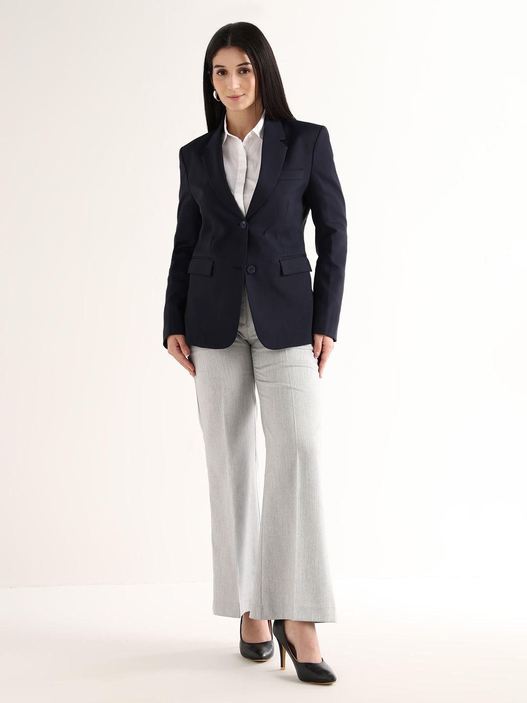 Hancock Women Navy Blue Solid Viscose Rayon Slim Fit Formal Blazer