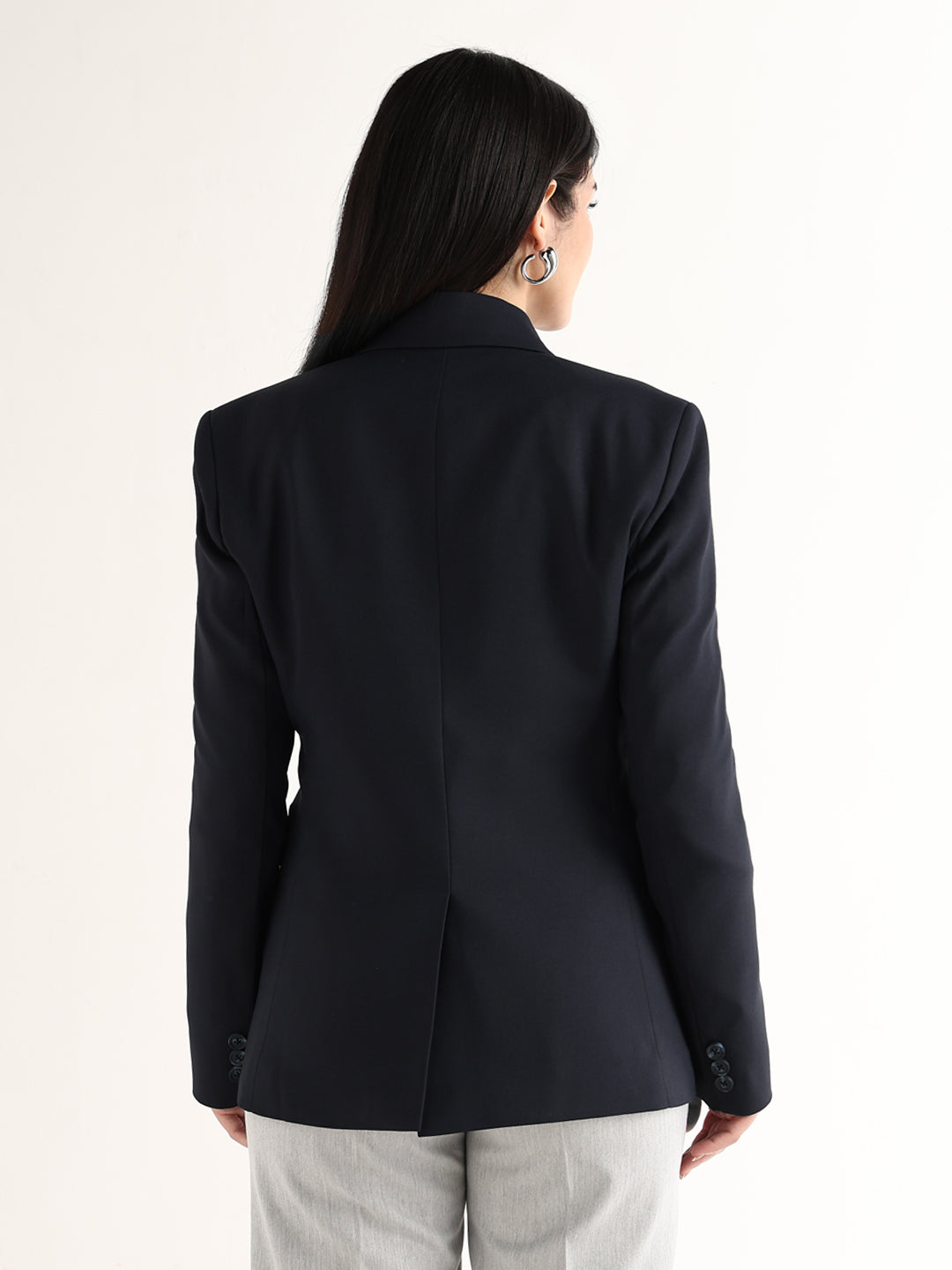 Hancock Women Navy Blue Solid Viscose Rayon Slim Fit Formal Blazer