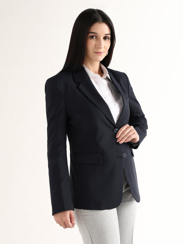 Hancock Women Navy Blue Solid Viscose Rayon Slim Fit Formal Blazer