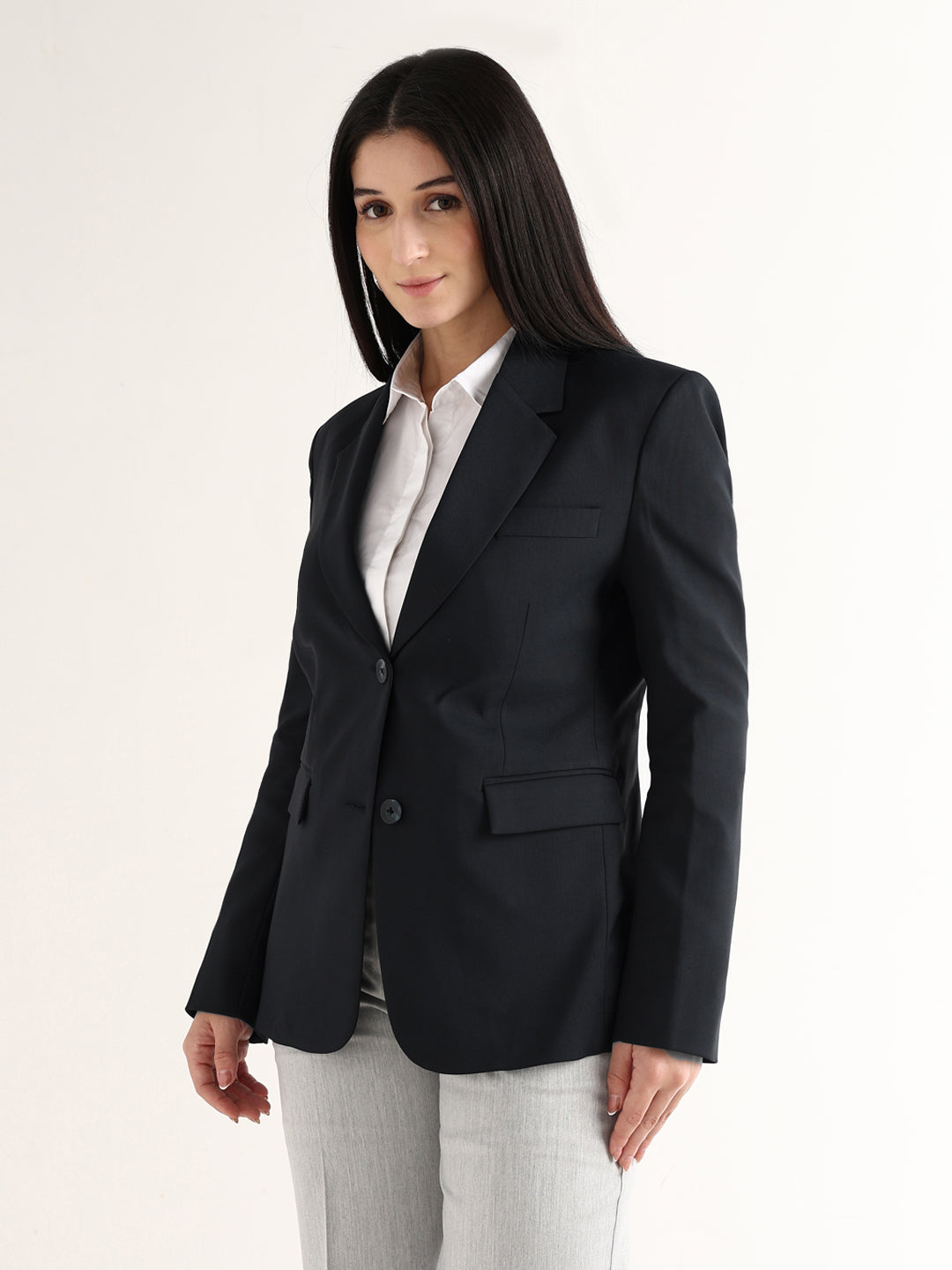 Hancock Women Navy Blue Solid Viscose Rayon Slim Fit Formal Blazer
