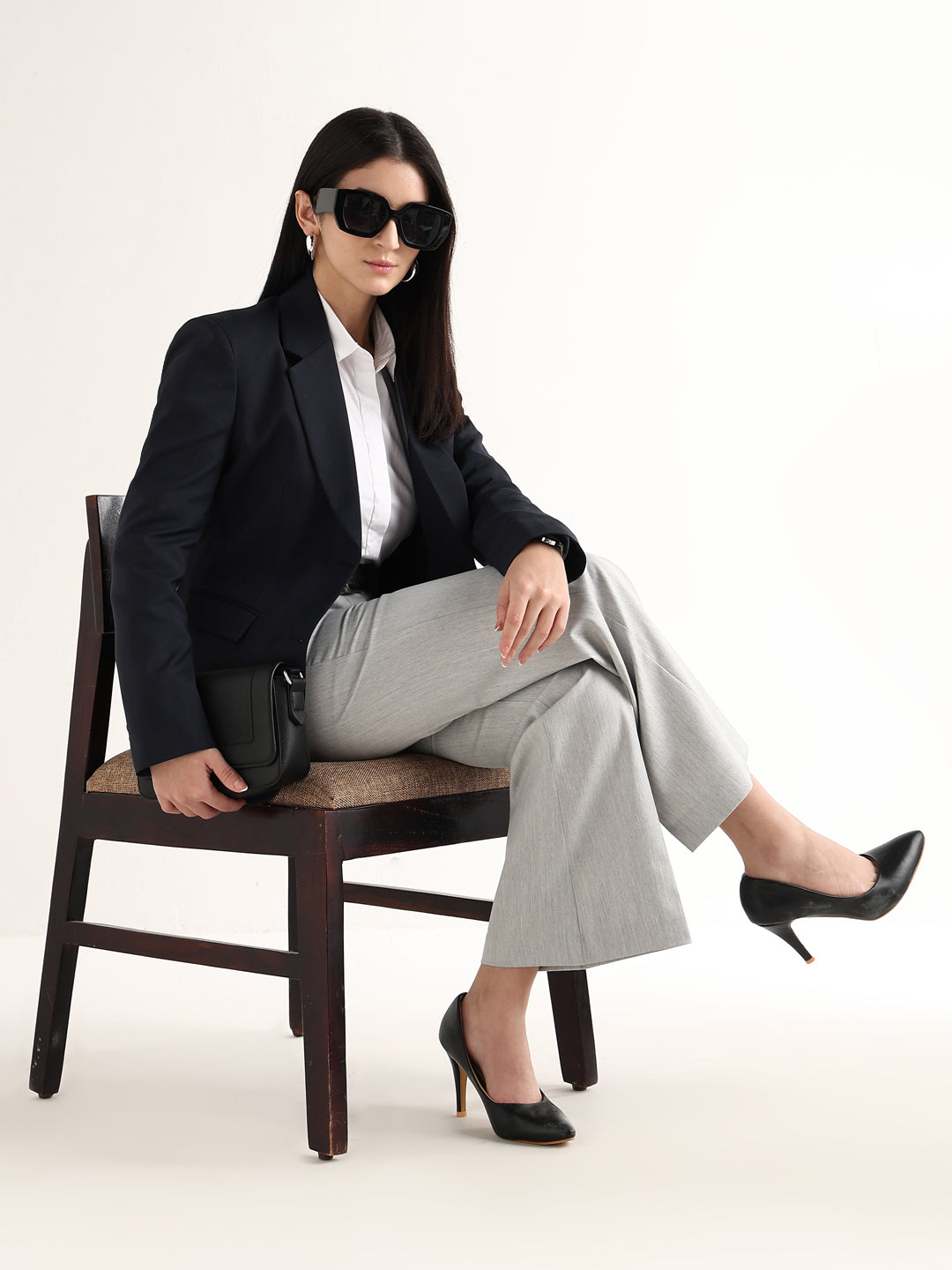 Hancock Women Navy Blue Solid Viscose Rayon Slim Fit Formal Blazer