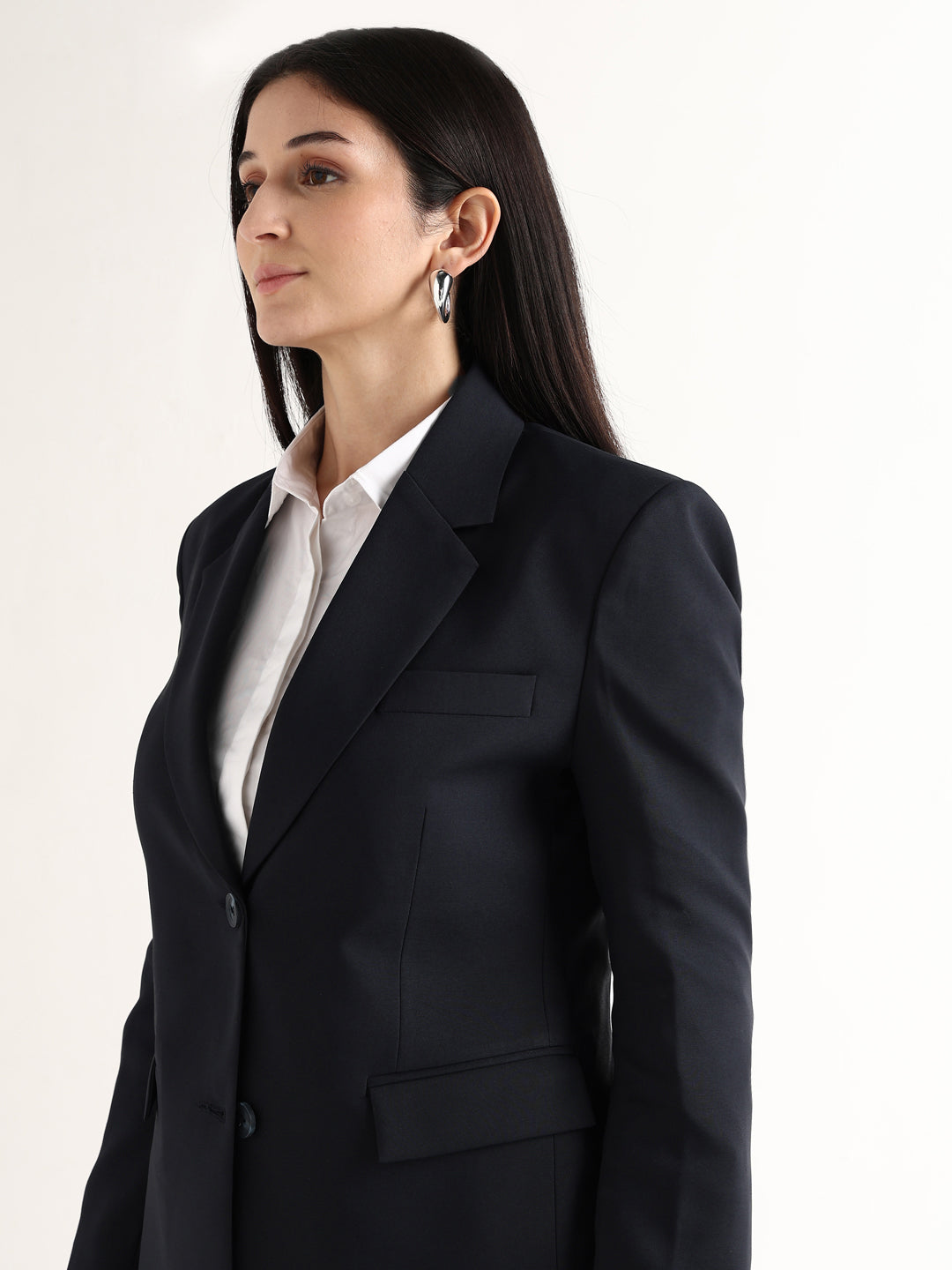 Hancock Women Navy Blue Solid Viscose Rayon Slim Fit Formal Blazer