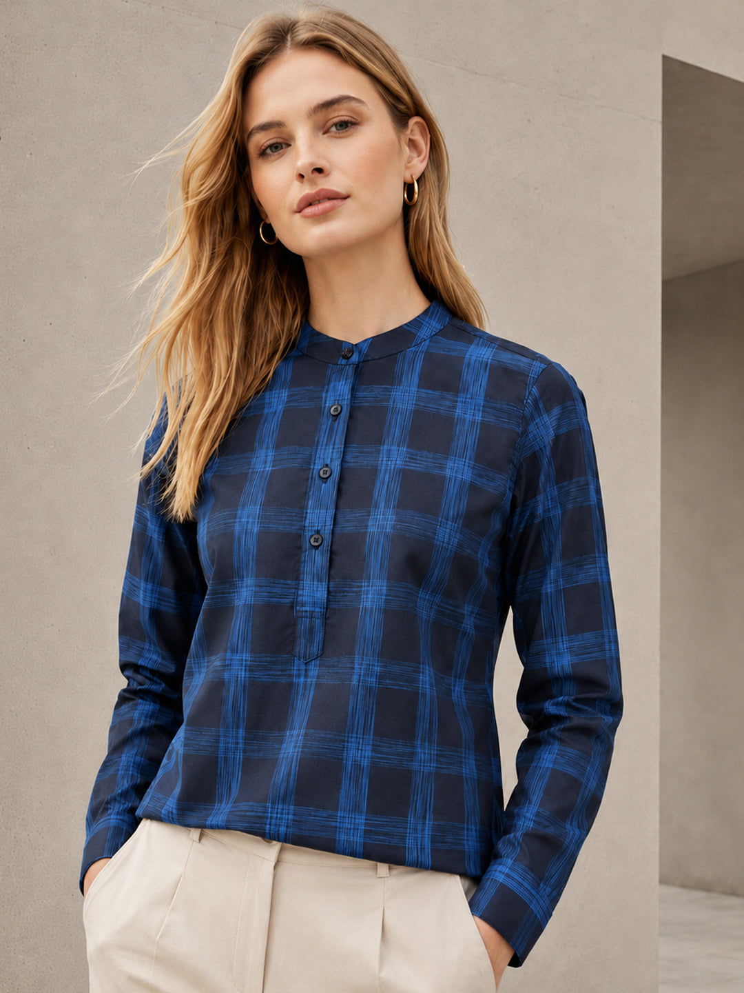 Women Navy & Blue Check Pure Cotton Regular Fit Formal Top