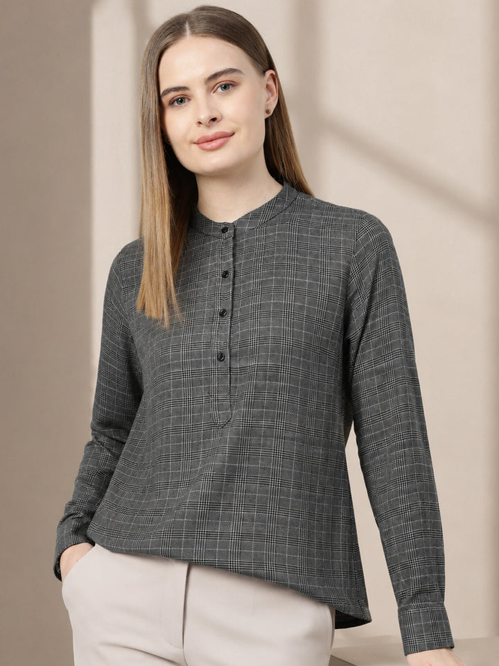 Women Grey & Black Check Viscose Rayon Regular Fit Formal Top