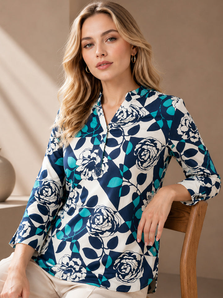 Women White & Navy Prints Viscose Rayon Regular Fit Formal Top