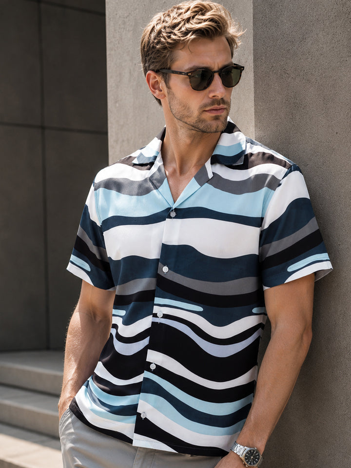 Men Navy & White Prints Viscose Rayon Relaxed Fit Casual Shirt