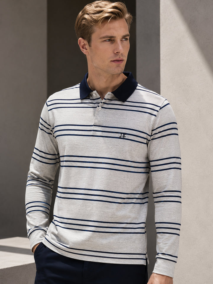 Men Grey & Navy Blue Stripe Cotton Elastene Slim Fit Formal Tshirt