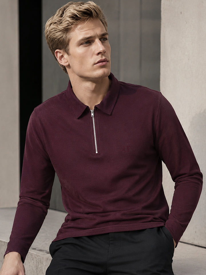 Men Burgundy Solid Pure Cotton Slim Fit Formal Tshirt