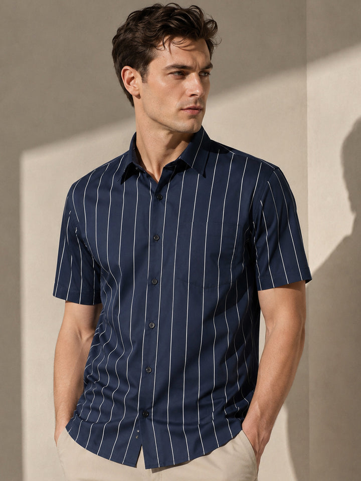 Men Navy Blue Stripe Pure Cotton Slim Fit Casual Shirt