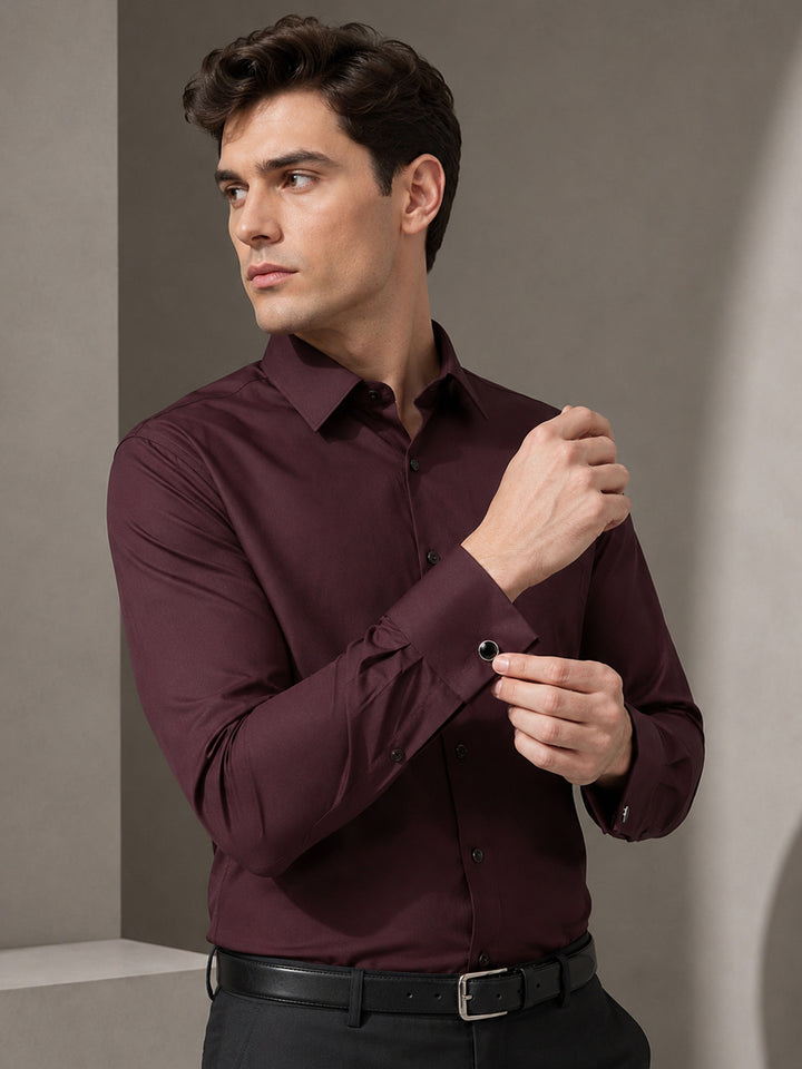 Men Wine Solid Pure Cotton Slim Fit Formal Shirt