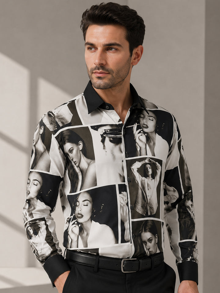 Men White & Black Prints Cotton Elastene Slim Fit Party Shirt