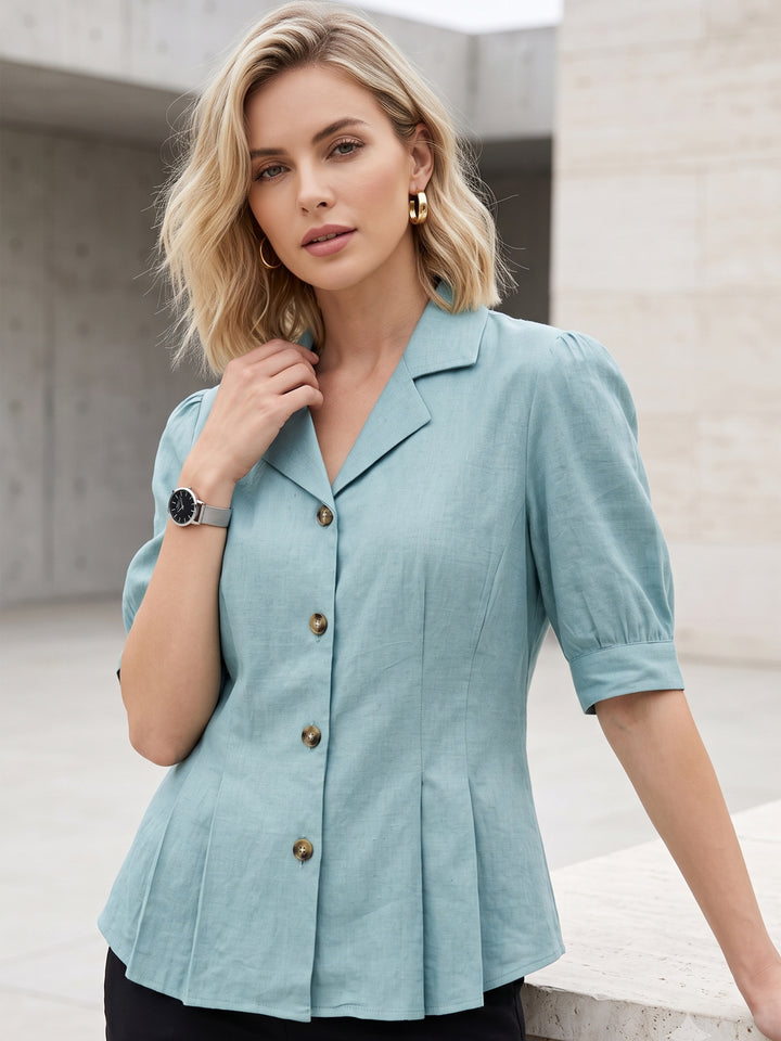 Women Sea Green Solid Linen Cotton Regular Fit Formal Shirt