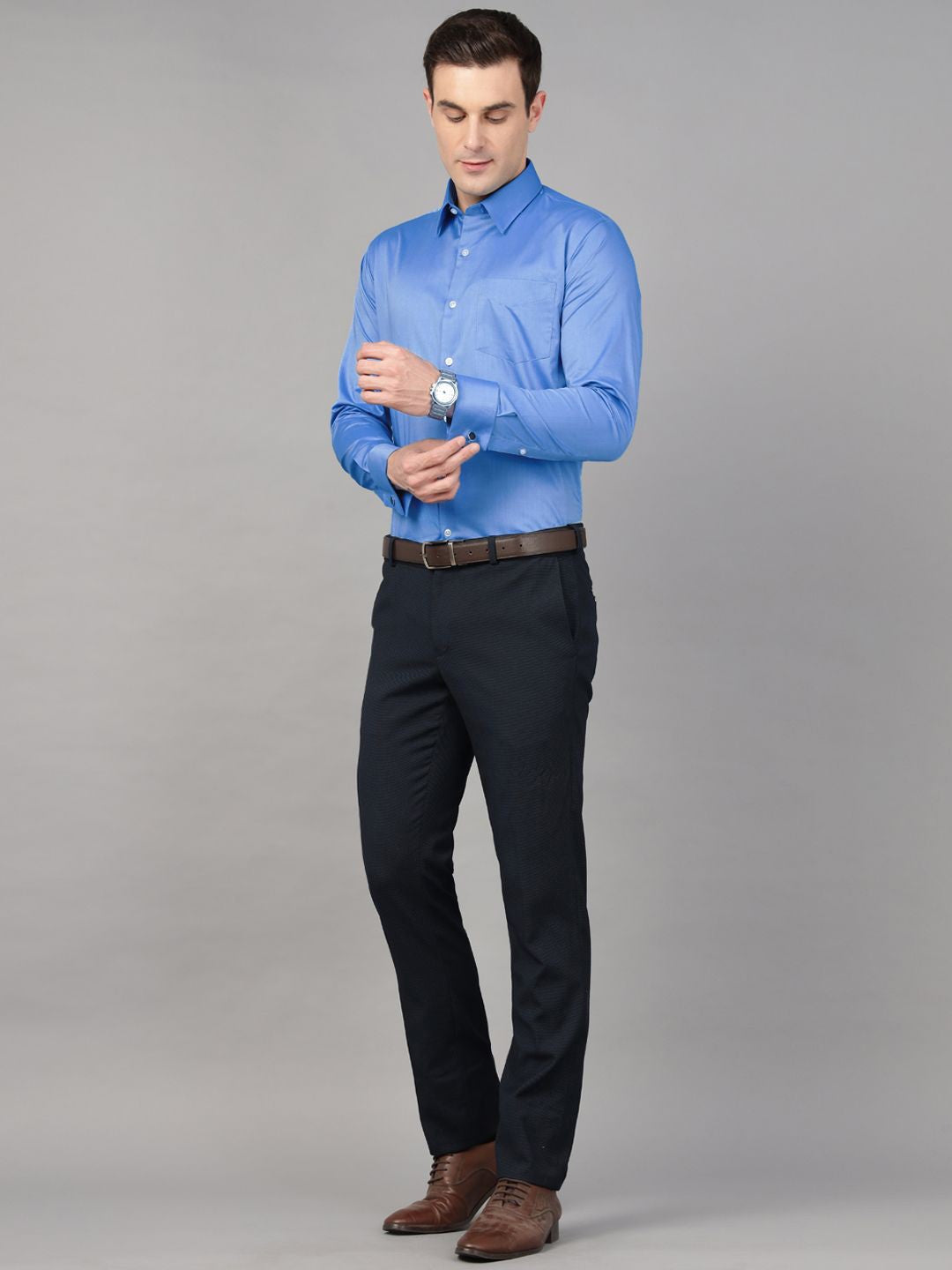Hancock Men Blue Solid Pure Cotton Chambray Slim Fit French Cuff Formal Shirt