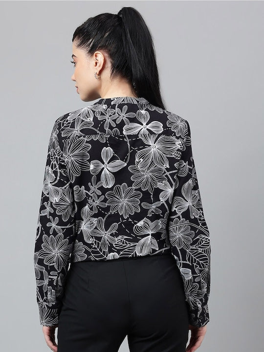 Women Black  Floral Printed Pure Cotton Long sleeve Regular Fit Formal Top