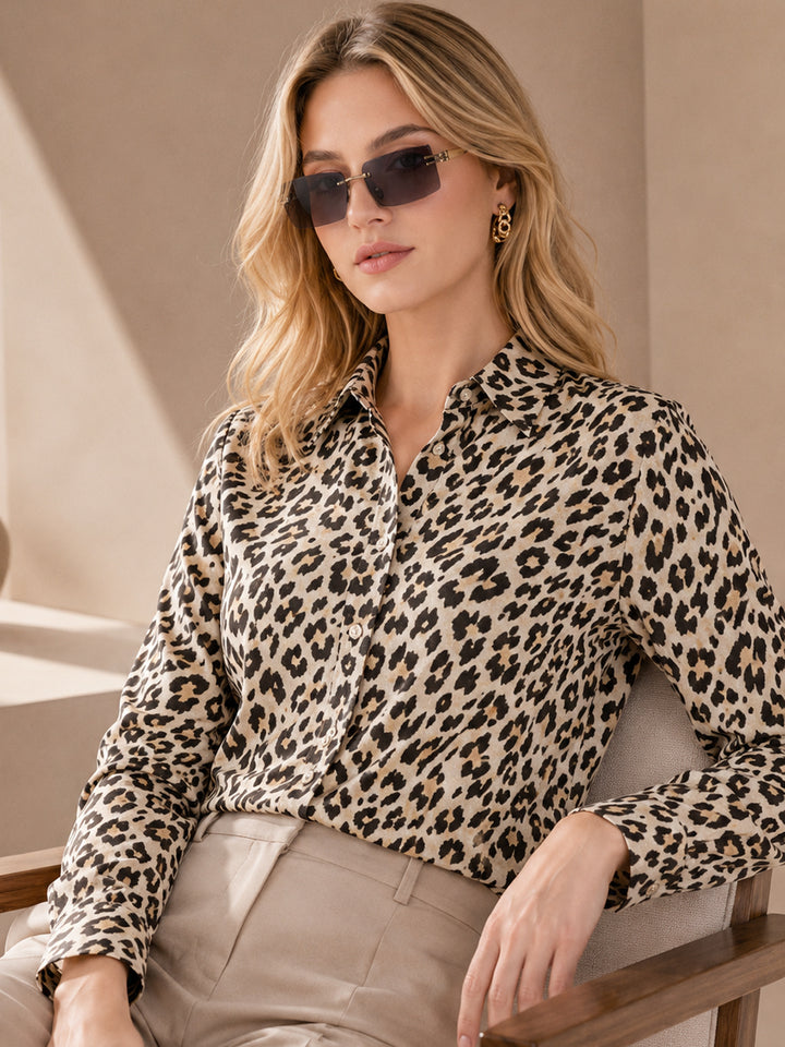 Women Beige & Brown Print Pure Cotton Regular Fit Formal Shirt