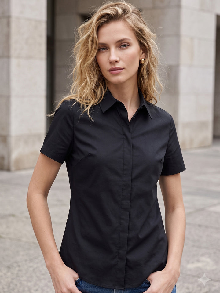 Women Black Solid Pure Cotton Short Sleeve Slim Fit Formal Shirt