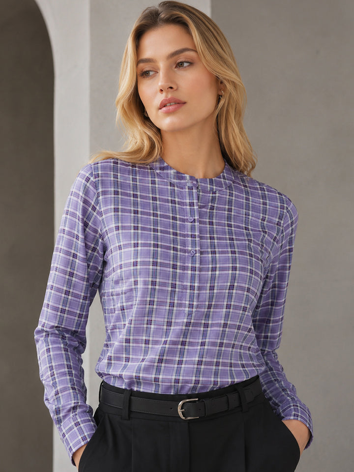 Women Lavender Check Mandarin Collar Regular Fit Formal Top