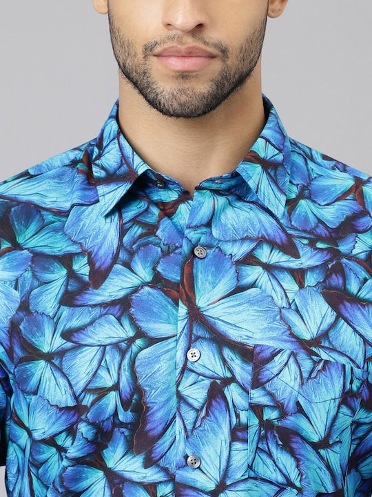Men Blue Floral Printed Viscose Rayon Slim Fit Party Shirt