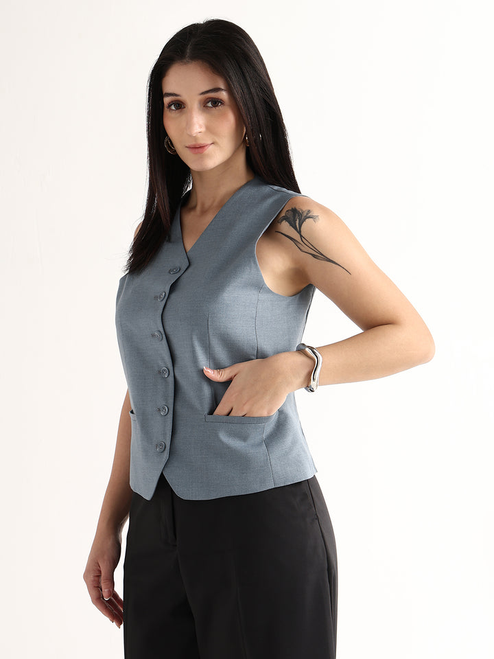 Hancock   Women   Bluish Grey   Solids   Viscose Rayon   Slim Fit   Formal   Waistcoat