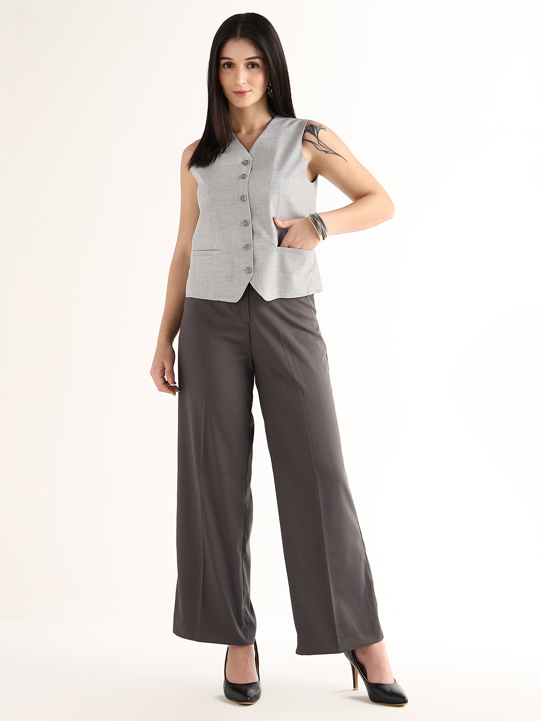 Hancock   Women   Light Grey   Solids   Viscose Rayon   Slim Fit   Formal   Waistcoat