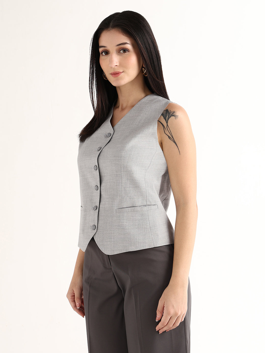 Hancock   Women   Light Grey   Solids   Viscose Rayon   Slim Fit   Formal   Waistcoat